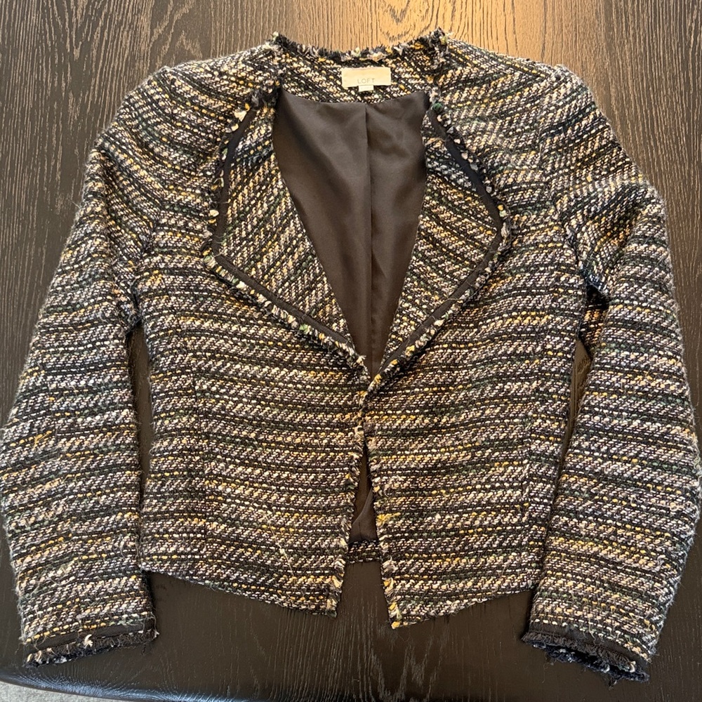 LOFT Tweed Blazer in Green, Black & Cream. Close up picture to show colors.